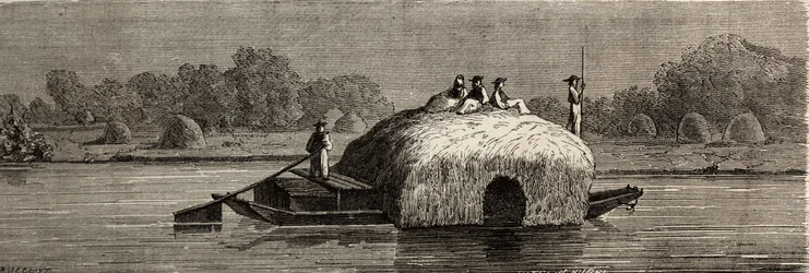 Corte, colheita e transporte de forragens nas margens do Danúbio. Desenho de Lancelot, para ilustrar a sua viagem de Paris a Bucareste em 1860. Gravura em "Le tour du monde", editado por Edouard Charton