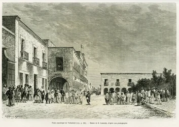 Palácio Municipal de Valladolid. Gravura de Lancelot para ilustrar a história Ma última expedição au Yucatan, de Desire Charnay, em le tour du monde 1887, dirigida por Edouard Charton (1807-1890), Hachette, Paris.