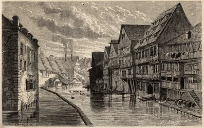 Antigos curtumes, em Ulm, desenhados por Lancelot, para ilustrar a viagem de Victor Duruy de Paris a Bucareste em 1860. Gravura em "Le tour du monde", editado por Edouard Charton