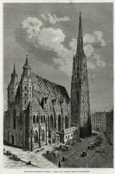 Catedral de St. Stephen (St. Stephen ou Stephansdom ou St. Stephane ou St. Stephan Kirche) (construída entre 1113 e 1147), Viena (Áustria). Gravura de Lancelot, para ilustrar a história Vienne e seus subúrbios, de M. Newlinski, em 1881, publicada na revist