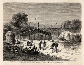 O jogo do ringue entre os índios Mohaves, desenhado por Lancelot, para ilustrar a viagem do Mississippi ao Oceano Pacífico em 1853-54 por Baudouin Mollhausen (1825-1905). Gravura em "Le tour du monde, nouveau journal des voyages" Paris