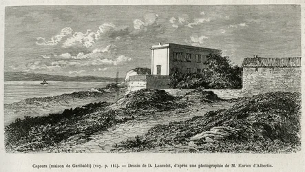 A casa de Giuseppe Garibaldi (1807-1882) em La Caprera (Sardenha), gravada após um desenho de D. Lancelot, para ilustrar a história da Síria hoje, pelo Sr. Lortet, reitor da Faculdade de Medicina de Lyon, encarregado de uma missão científica pelo Ministéri