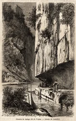 O caminho de reboque nas margens do Danúbio, escava na parede de rocha, também chamado caminho de Trajano (53-117, imperador romano), que o fez furar, por sua expedição contra os dacianos do norte do Danúbio (100-103). Desenho de Lancelot, para ilustrar o