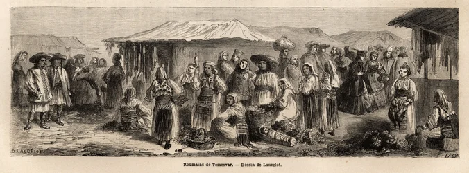 A população ambulante de Tesmevar (ou Timisoara) na Roménia. Gravura para ilustrar a viagem de Paris a Bucareste, de Lancelot, desenhista, em 1860, publicada na "Le tour du monde, nouveau journal des voyages", sob a direcção de Edouard Charton