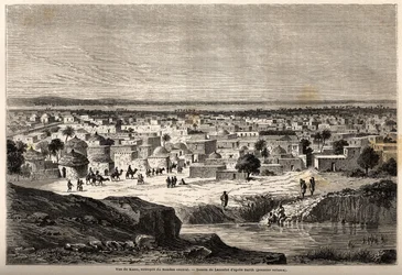 Vista de Kano (cidade e estado a norte da Nigéria actual), armazém do Sudão central, desenho de Lancelot, para ilustrar a viagem de 1849-1855, ao centro de África do Dr. Henri Barth. Gravura em "Le tour du monde, nouveau journal des voyages".