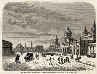 Vista de uma praça em Santiago (Chile), desenho de Lancelot, para ilustrar a viagem à América do Sul, em 1823, de Giovanni Mastai Ferretti (1792-1878, futuro Pio IX). Gravura em "Le tour du monde, nouveau journal des voyages" Paris
