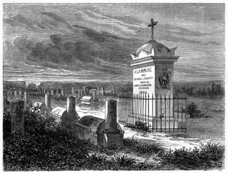 Vista do Cemitério Francês em Pekin (Pequim), China. Gravura após um desenho de Lancelot, em "Le Tour du Monde, Nouveau journal des Voyages", editado por Edouard Charton, Paris