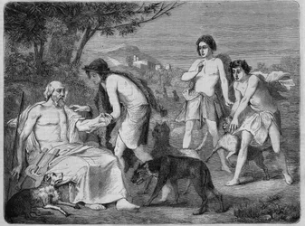 Homere na ilha de Syros. Gravura de 1864, de acordo com a pintura de Maillard.