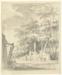 Paisagem arcadiana com figuras em torno de uma estátua