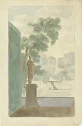 Projeto para decoração de parede em um salão: vista de um jardim com estátua, fonte e urnas