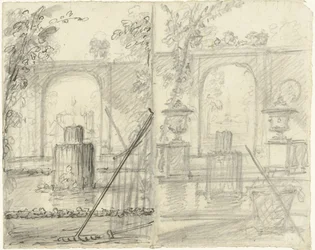 Dois desenhos para uma vista de jardim com fonte e ferramentas de jardim em primeiro plano