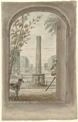 Projeto para uma pintura de quarto com vista através de uma porta aberta em um jardim com uma fonte