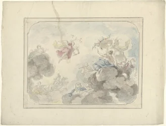 Desenho para um mural de tecto mostrando o rosto no céu onde a Aurora dissipa a escuridão