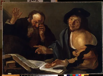 """"Heráclito e Demócrito"" Os filósofos gregos Heráclito de Éfeso (Heráclito) (535-475 aC) e Demócrito (Demócrito) (460-370 aC). Pintura de Theodore van Baburen (Dirk Baburen) (1570/90-1623/4) Museu de Belas Artes Mikalo do século XVII