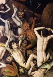 Inferno, pormenor de um demónio a golpear os condenados, c. 1450