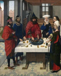 Altareiro do Santíssimo Sacramento: Detalhe do painel da esquerda que representa a Páscoa judaica. Pintura sobre madeira por Dirck (Dieric, Dirk) Sobre o Ancião (1410-1475)