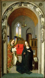 A Anunciação, c.1445 óleo no detalhe do painel de 36895