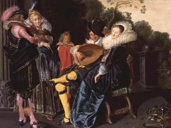 Uma festa elegante fazendo música por um lago ornamental, 1621