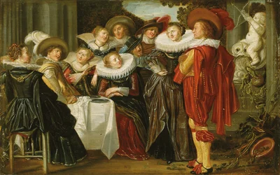 Uma empresa elegante almoçando em um terraço, 1623