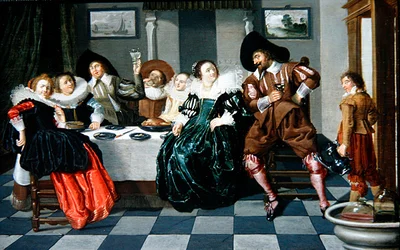 Empresa Elegante à Mesa em um Interior (óleo sobre painel)
