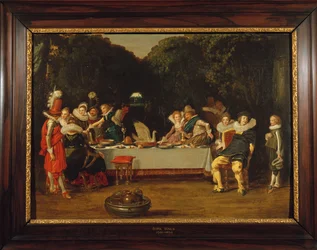 Figuras elegantes, banqueteando-se em um caramanchão