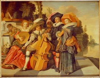 Figuras elegantes fazendo música em um terraço perto de um lago