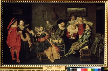 "The Merry Company" (A Companhia Mercury) A festa numa rica casa holandesa, uma mesa de burgueses elegantemente vestidos. Pintura por Dirck Hals (1591-1656) Século XVII Dim. 41x66 cm Museu Pushkin, Moscovo