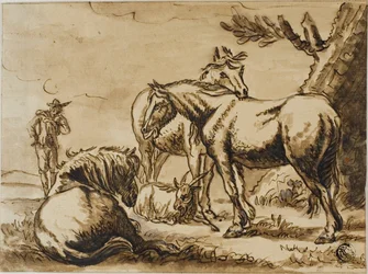 Cavalos, cabra e um homem