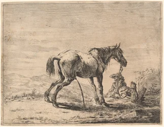 Criando cavalo perto de um estábulo