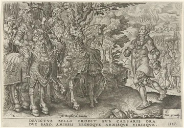 Rendição do Duque da Saxônia no Campo de Batalha de Mühlberg, 1547 Vitórias de Carlos V (título da série) Divi Caroli. v. imp. optar. max. victoriae, ex multis praecipuae (título da série)