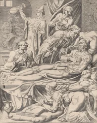 O homem rico em seu leito de morte, da parábola de Lázaro e o homem rico, placa 2, 1551.