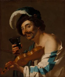 Jogador de violino com um copo de vinho
