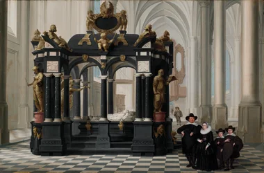 Uma família junto ao túmulo do Príncipe Guilherme i na Nieuwe Kerk, Delft