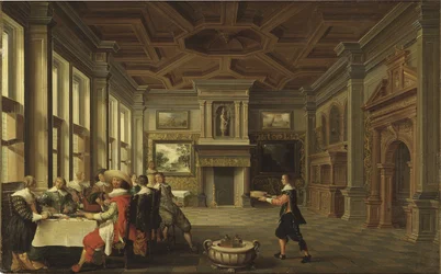 Diner distingue dans un interieur - Distinguished Dinner Company in an Interior, de Delen, Dirck van (c. 1605-1671). Óleo sobre tela
