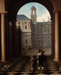 Figuras elegantes em uma loggia na entrada de um palácio