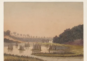 Paisagem pantanosa com um edifício ao longe