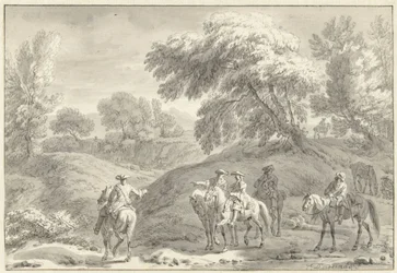 Paisagem montanhosa com caçadores a cavalo