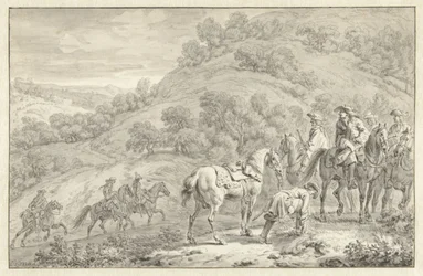 Paisagem de montanha com um cavaleiro desmontado e outros caçadores a cavalo