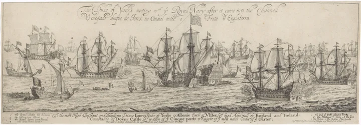 Duque de York cumprimenta a Marinha Real no Canal O encontro do Duque de York com a Marinha Real após a sua entrada no Channell / O cheqado duque de Jorck no Cannal entre o Frota d
