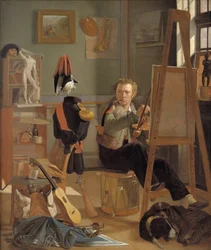 O pintor de batalha Jørgen Sonne em seu estúdio