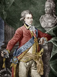 Alexander Dmitrievich Lanskoy (1758-1784) militar russo, amante de Catarina II da Rússia, gravura em metal colorido