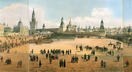 St. Basils Catedral visto do Kremlin, de um panorama de Moscou, gravado por Philippe Benoist 1813-c.1905 e Aubrun, pub. por Lemercier, c.1840 detalhe lito de 105095