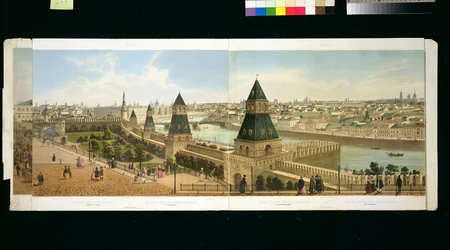 O Hospital Foundling e Zamoskvoreche do Kremlin, de um panorama de Moscou, gravado por Philippe Benoist (1813-c. 1905) e Aubrun, pub. por Lemercier, c.1840