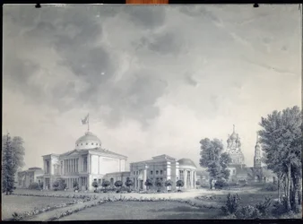 Vista do Palácio Ostankino, Moscovo - por Dmitri Nikiforovich Martynov (1826-1889), lápis sobre papel