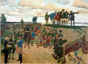 Fundação da Fortaleza de São Petersburgo por Pedro o Grande (1672-1725) no século XVIII. (Fundação da Fortaleza de São Petersburgo). Trabalho de Dmitri Nikolayevich Kardovsky (Kardovski) (1866-1943), litografia