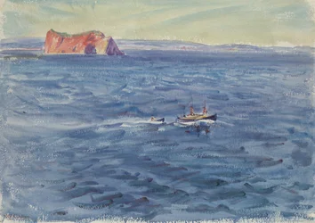 Seascape com barco e penhasco