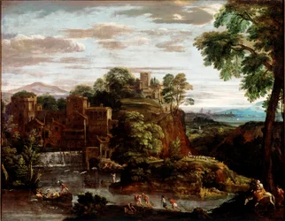 Paisagem com vôo no Egito Pintura por Domenico Zampieri dit Il Domenichino (1581-1641) 1620 aproximadamente. Sol. 165x202 cm Paris, Musee du Louvre - Paisagem com vôo no Egito, de Domenico Zampieri a.k.a Il Domenichino (1581-1641). Óleo sobre tela