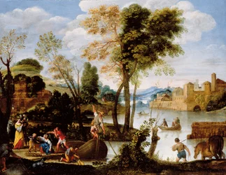 Paisagem do rio Italianate com barqueiro poling e mulher com uma cesta de caranguejos, c.1604-05