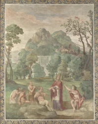 O julgamento de Midas Fresco de Villa Aldobrandini, 1617-1618