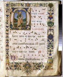 Sra. 540 f.3r Página com o "M" inicial histórico retratando Santo André, de um livro coral de San Marco e Cenacoli (vellum)